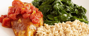 Moroccan Chicken with Brown Rice and Lemon Sauteed Spinach