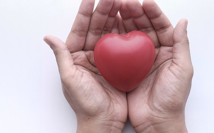 Cupped hands holding a plastic heart