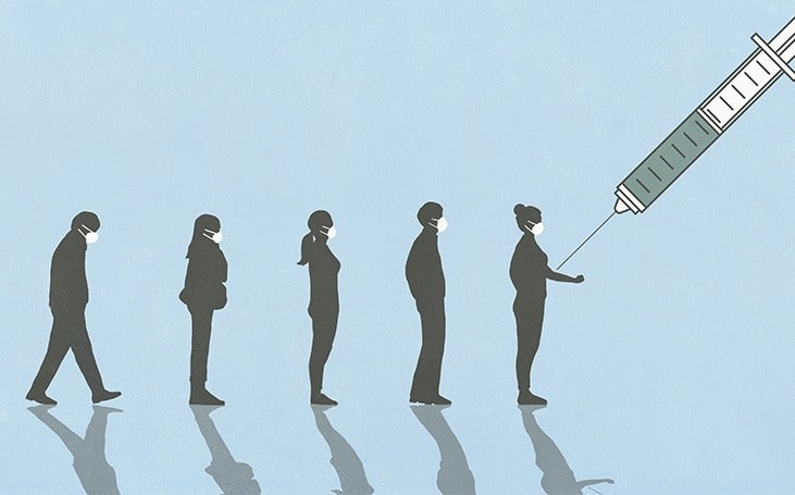 Illustration of a line of people waiting to receive vaccine