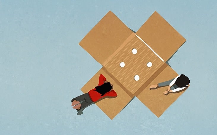 Illustration of giant bandaid with 2 people sitting on it